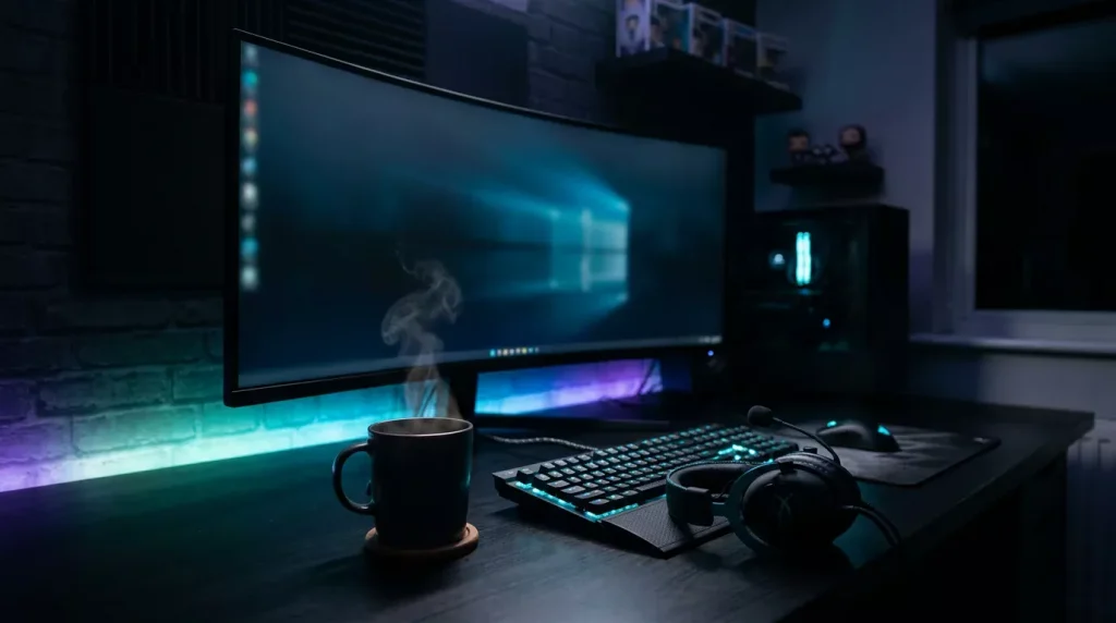 Setup de escritorio nocturno con monitor atenuado, teclado mecánico, taza humeante y auriculares