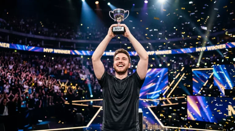 Jugador profesional recibiendo el trofeo de MVP al final de una serie de League of Legends