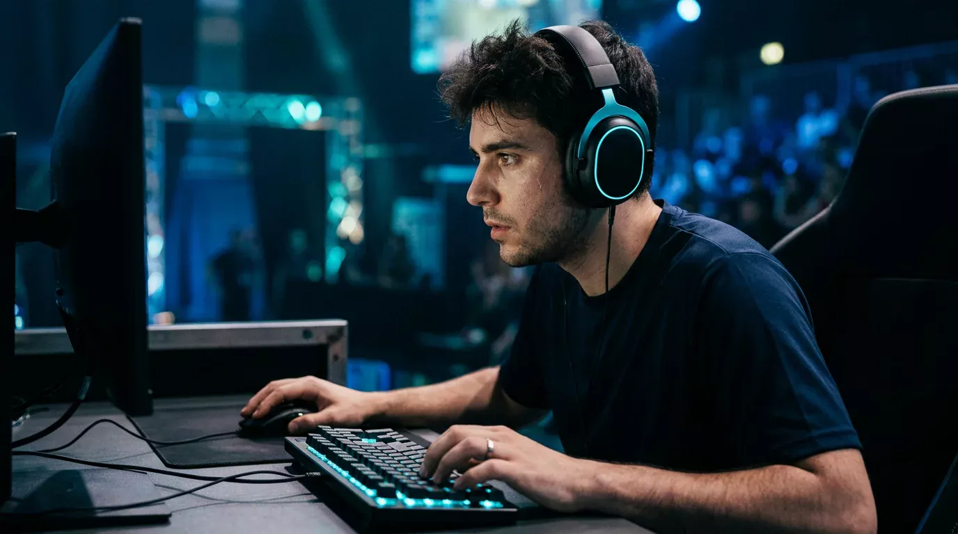 Jugador profesional de eSports concentrado frente al monitor con auriculares durante una partida de League of Legends