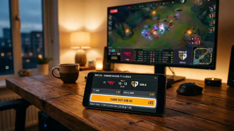 Interfaz de apuestas en vivo de League of Legends con opción de cashout disponible