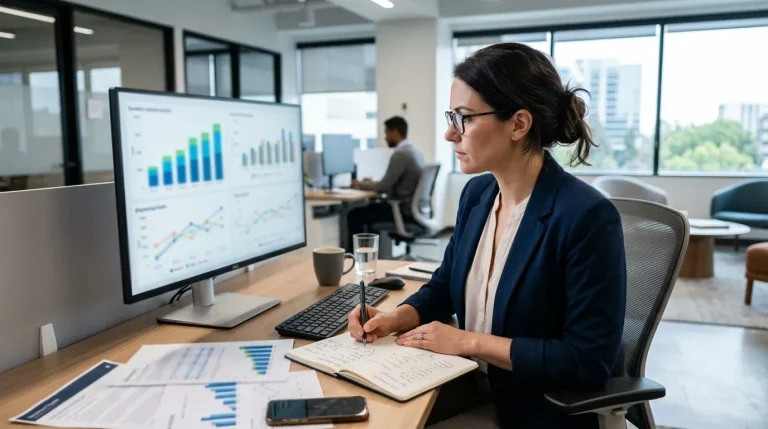 Analista revisando gráficos estadísticos del mercado de apuestas online en un ordenador