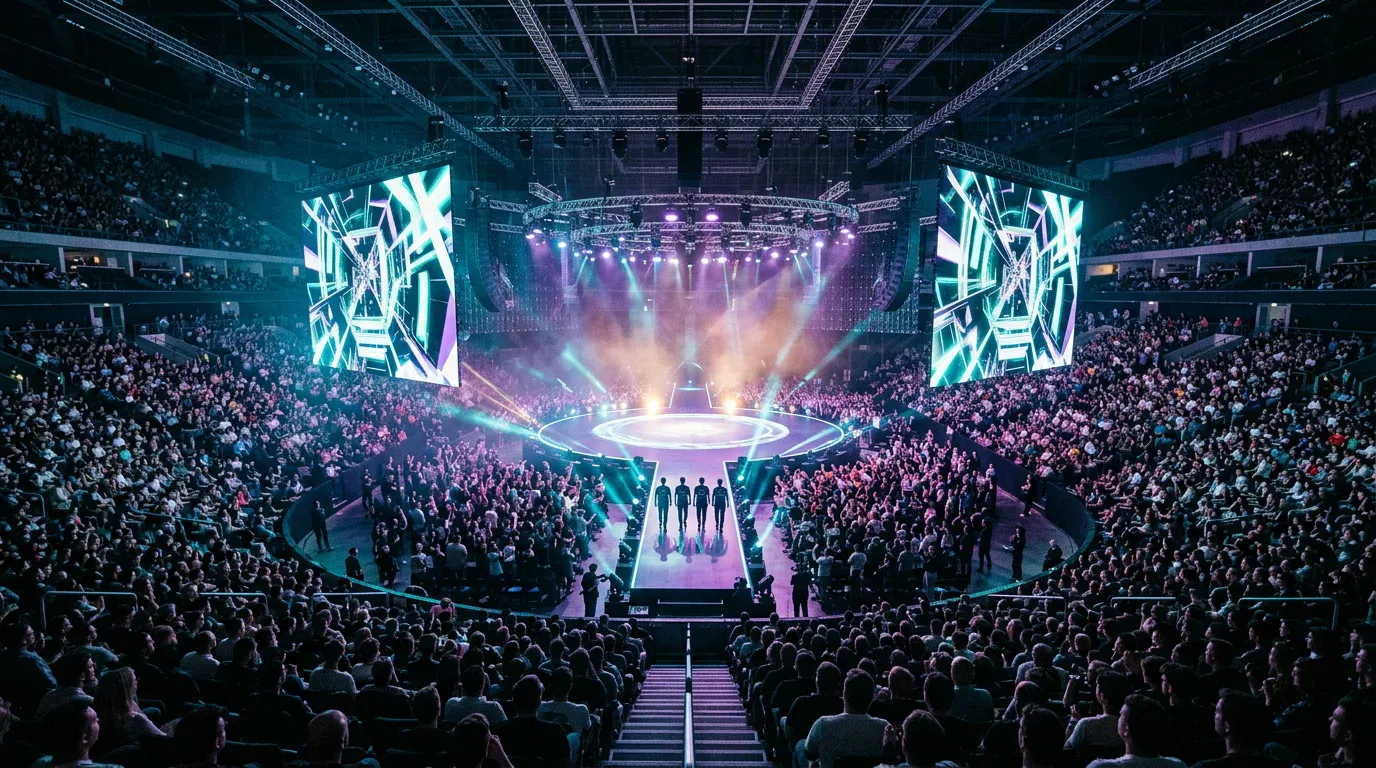 Arena llena durante la final de un torneo internacional de League of Legends con el logotipo del torneo en pantallas gigantes