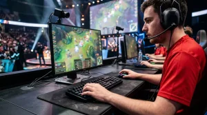 Jugador profesional de LoL en el escenario de la LEC con iluminación del torneo