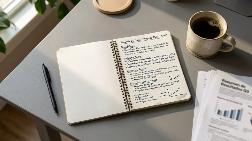 Mesa de analista con cuaderno abierto, notas manuscritas, bolígrafo y taza de café