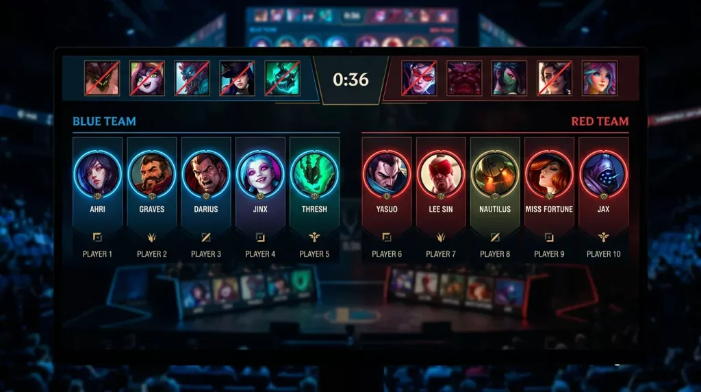 Pantalla de selección de campeones en League of Legends durante la fase de draft