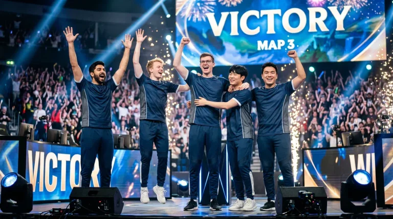 Equipo profesional de League of Legends celebrando la victoria en un mapa de Bo5