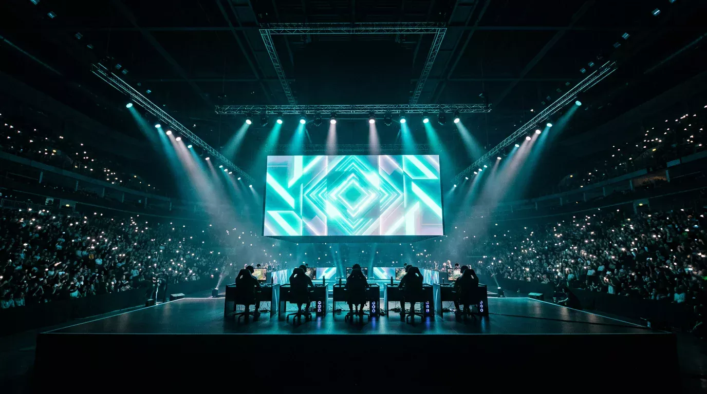 Finales de un torneo de League of Legends en un gran escenario con público y jugadores concentrados en sus puestos