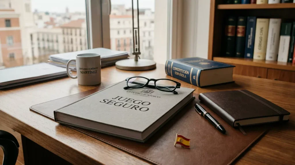 Escritorio con documento legal encuadernado, gafas de lectura y pluma estilográfica a la luz natural