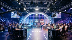 Equipos de la LEC en el escenario del estudio de Berlín durante la temporada europea de League of Legends