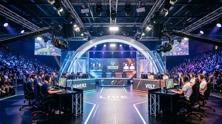 Equipos de la LEC en el escenario del estudio de Berlín durante la temporada europea de League of Legends