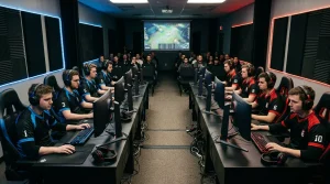 Jugadores profesionales de una liga regional de League of Legends compitiendo en un estudio más pequeño