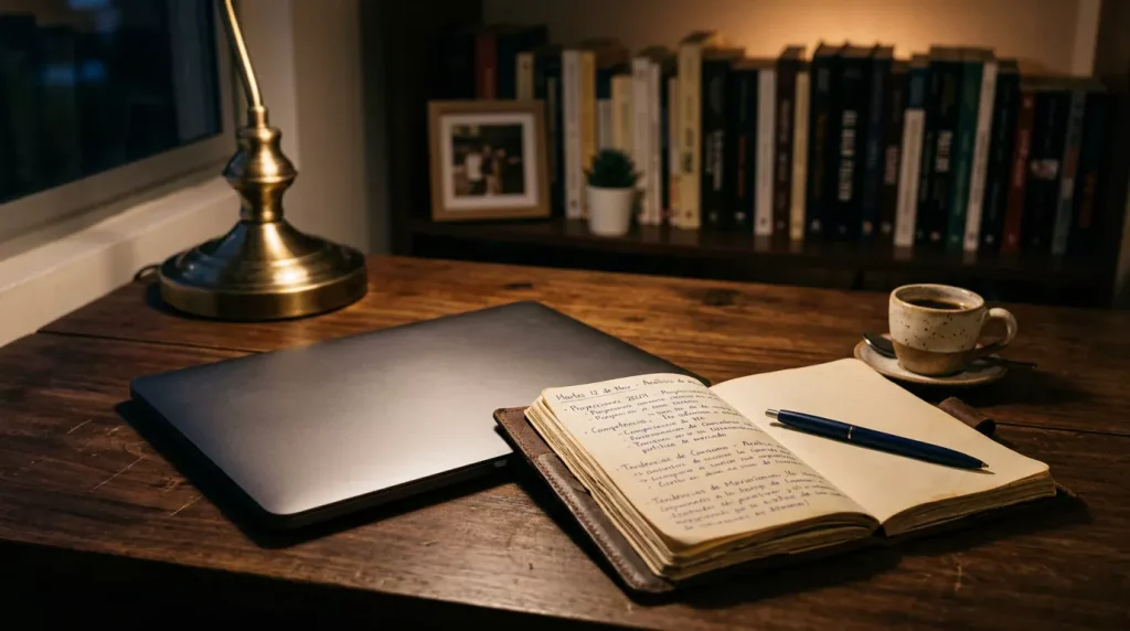 Mesa de madera con portátil cerrado, cuaderno abierto con notas manuscritas y taza de café bajo luz cálida