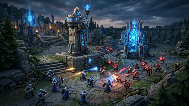 Torre y inhibidor de la base en un mapa profesional de League of Legends