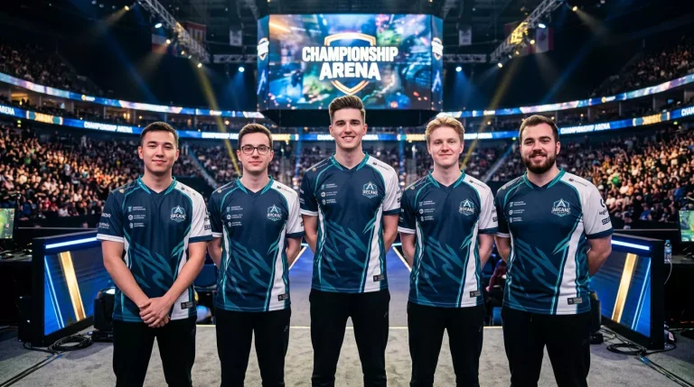 Camiseta de equipo profesional de League of Legends con patrocinadores visibles en el escenario