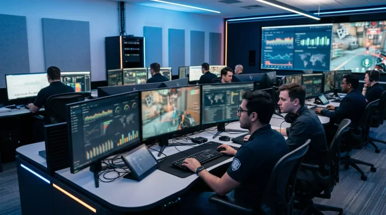 Sala de control con monitores analizando datos de partidos profesionales de League of Legends