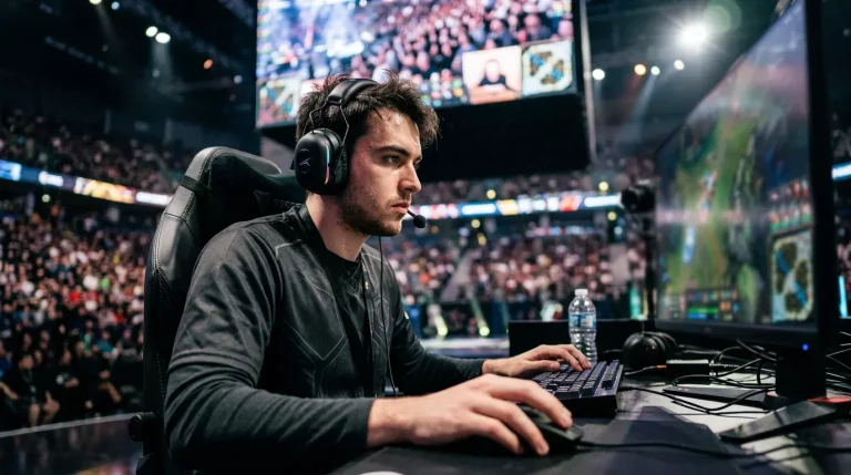 Jugador profesional de T1 concentrado durante la final del campeonato mundial de League of Legends