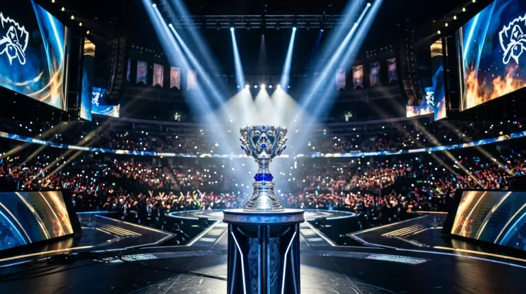 Trofeo de la Copa del Invocador sobre el escenario final del Worlds de League of Legends