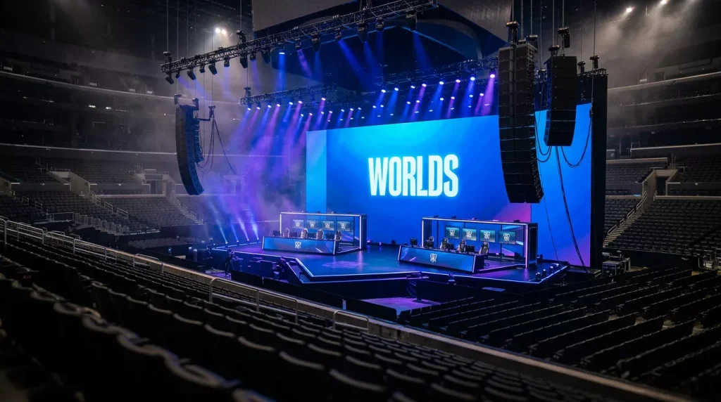 Escenario vacío de un torneo de esports con pantalla LED y haces de luz cenital