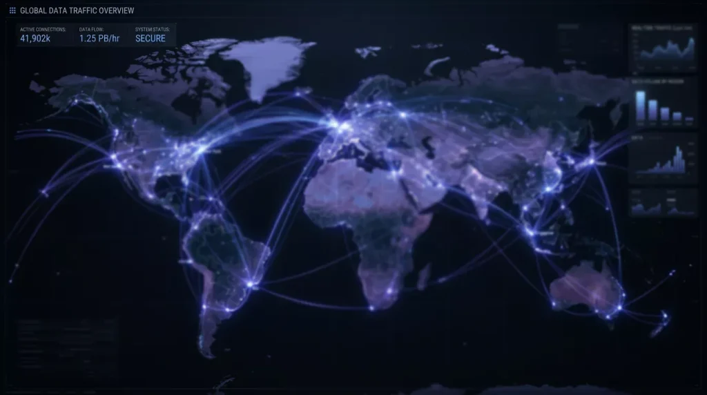 Mapa mundial con flujos de datos que representan el volumen global de apuestas en League of Legends